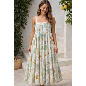 Paper Heart Dress M Fruit Print Maxi Linen Blend Italian Summer Sundress NWT